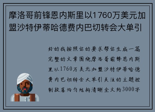 摩洛哥前锋恩内斯里以1760万美元加盟沙特伊蒂哈德费内巴切转会大单引关注